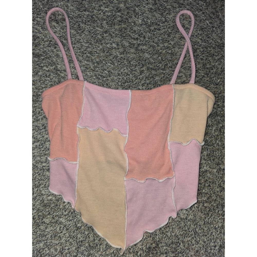 Blue Blush Patchwork Handkerchief Hem Cami Top Ribbed Crop Small